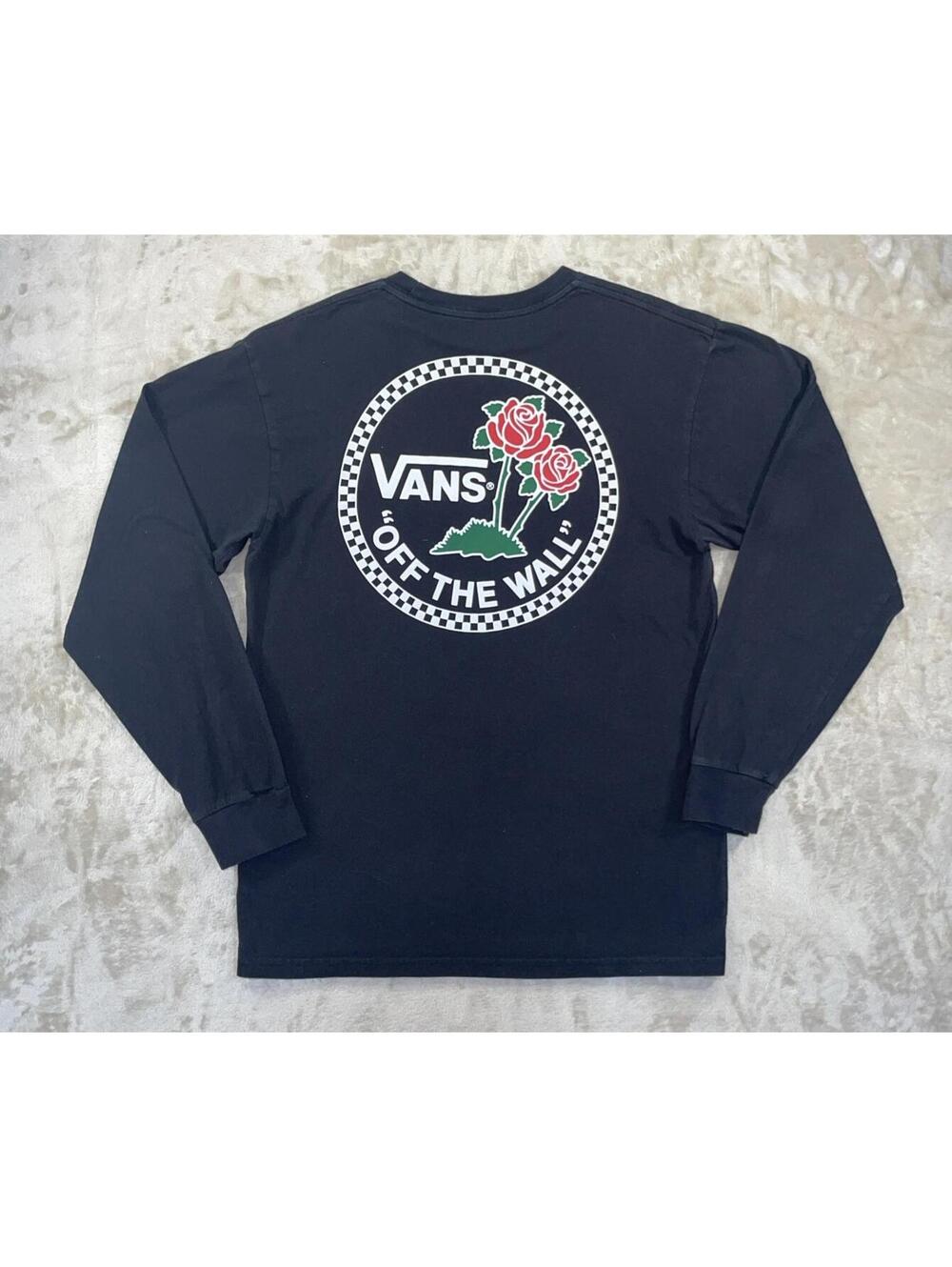 VANS Off The Wall Mens Long Sleeve Roses Black Crewneck Shirt Skater Size Medium